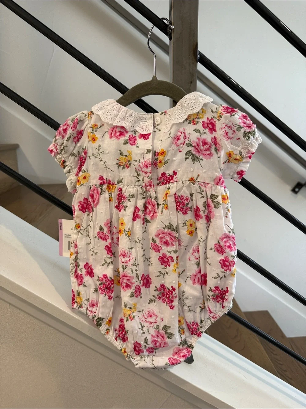Little Me White Floral Smocked Baby Bubble Romper with Lace Collar